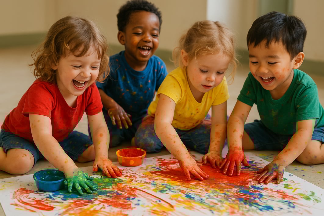 I envision a vibrant scene filled with children of 34 their faces illuminated with joy and concentration as they dip their tiny fingers into pools of bright colorful paint Laughter fills the air as they enthusiastically smear the paint across large s-1