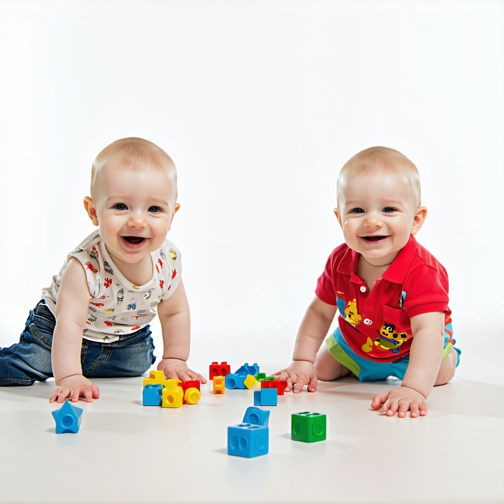 Show two happy 1 year olds playing they should be dressed in easy to crawl in clothes