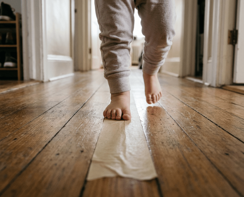 Masking tape line on an apartment hallway floor for a toddler balance game